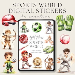 Puede incluir: Un conjunto de pegatinas digitales titulado "SPORTS WORLD" con ilustraciones de acuarela de equipos deportivos y niños practicando deportes. Incluye un casco de béisbol, un balón de fútbol, un guante de béisbol y una diana de tiro con arco. También incluye el texto "be creative".