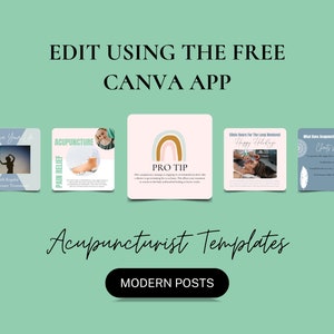 May include: A set of five modern social media templates for acupuncturists. The templates feature a variety of colors and designs, including a rainbow, a feather, and a mandala. The text on the templates includes "Acupuncture", "Pain Relief", "Pro Tip", "Clinic Hours", and "What Does Acupuncture Feel Like?"