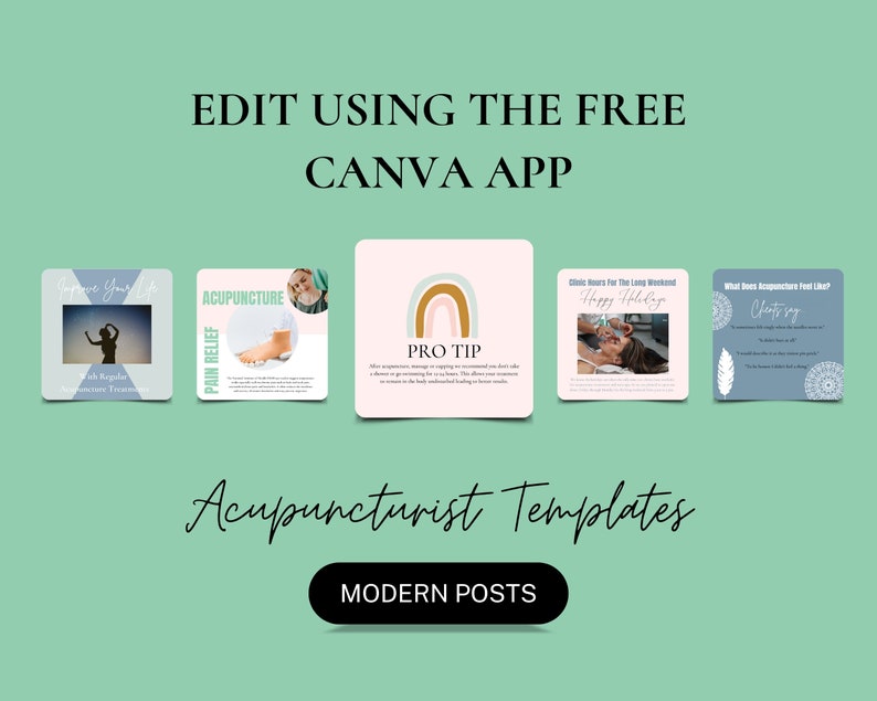 May include: A set of five modern social media templates for acupuncturists. The templates feature a variety of colors and designs, including a rainbow, a feather, and a mandala. The text on the templates includes "Acupuncture", "Pain Relief", "Pro Tip", "Clinic Hours", and "What Does Acupuncture Feel Like?"