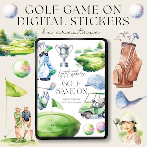 Könnte beinhalten: Ein Set digitaler Sticker mit Aquarell-Illustrationen von Golf-Motiven, darunter Golfbälle, Schläger, eine Golftasche, ein Golfwagen, eine Trophäe und ein Golfer. Der Text "GOLF GAME ON" und "50 VORGEFERTIGTE DIGITALE STICKER" ist ebenfalls enthalten.
