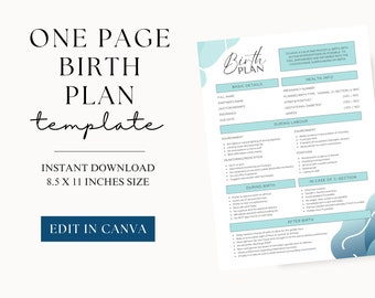Birth Plan Template | Visual Birth Plan | Instant Download | Editable Canva Template | Birth Plan Editable | Pregnancy Planner | Birth Coach
