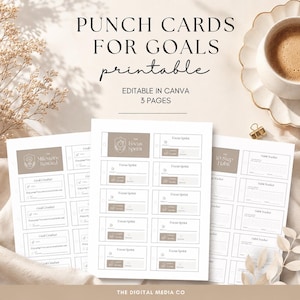 May include: Three printable goal punch card sheets with beige headers and black text. The sheets feature sections labeled The Milestone Reward, The Focus Sprint, and The 10 Step Habit. The text reads PUNCH CARDS FOR GOALS printable, EDITABLE IN CANVA, 3 PAGES, and THE DIGITAL MEDIA CO.