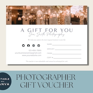 Gift Card For Photographer | Photo Session Gift Card | Printable Marketing Certificate | Gift Voucher Template | Editable Canva Gift Card
