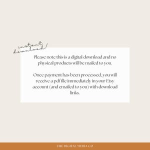 Puede incluir: An announcement for a digital download on a white background, with the words "instant download!". The text explains that it is a digital download and no physical products will be sent. A PDF file will be sent after payment.