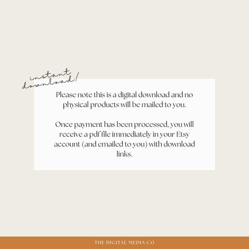 Puede incluir: An announcement for a digital download on a white background, with the words "instant download!". The text explains that it is a digital download and no physical products will be sent. A PDF file will be sent after payment.