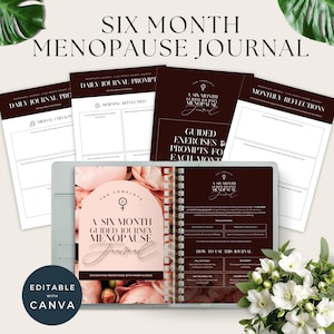 Puede incluir: Un diario de seis meses para un viaje guiado por la menopausia con un diseño floral rosa y blanco en la portada. El diario incluye ejercicios guiados y sugerencias para cada mes. El texto de la portada dice "The Complete A Six Month Guided Journey Menopause Journal Navigating Menopause with Mindfulness".