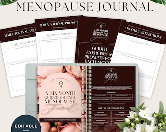 May include: A six-month guided journey menopause journal with a pink and white floral design on the cover. The journal includes guided exercises and prompts for each month. The text on the cover reads "The Complete A Six Month Guided Journey Menopause Journal Navigating Menopause with Mindfulness".