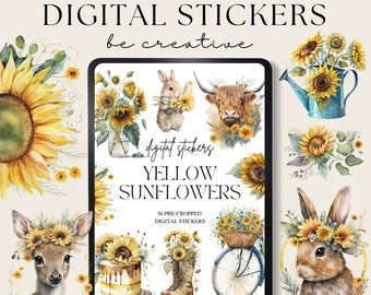Pode incluir: Um conjunto de adesivos digitais com 56 imagens pré-recortadas de girassóis amarelos, animais e outros objetos. Os adesivos são perfeitos para adicionar um toque de verão aos seus projetos digitais.