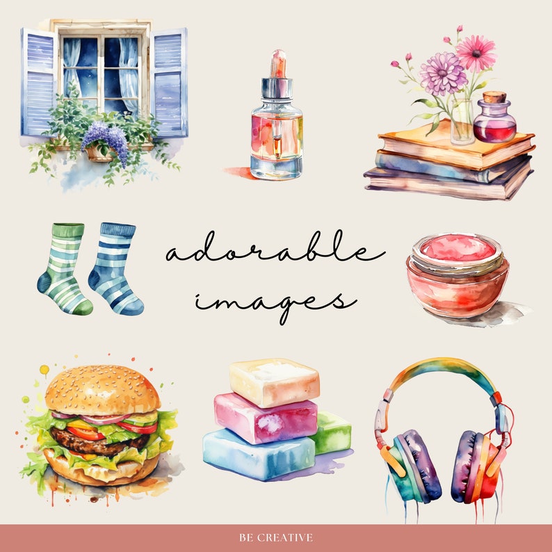 K&ouml;nnte beinhalten: Eine Aquarell-Illustration verschiedener Gegenst&auml;nde, darunter ein Fenster mit Blick, eine Flasche &auml;therisches &Ouml;l, ein Stapel B&uuml;cher, ein Paar Socken, ein Glas Gesichtscreme, ein Hamburger, ein Stapel bunter Seifenst&uuml;cke und ein Kopfh&ouml;rer. Der Text "adorable images" ist in Kursivschrift geschrieben.