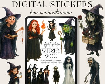 May include: Digital stickers featuring witchy illustrations. The image includes various witch characters, a tablet displaying the stickers, and text that reads "Witchy Woo Digital Stickers". The stickers are pre-cropped and compatible with GoodNotes.
