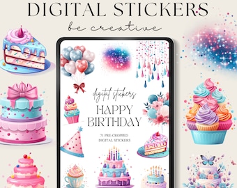 Happy Birthday Stickers, Cropped Digital Png Files, Celebration Clipart, Party Embellishments, Functional Ipad Planning, Journal Sticker Kit