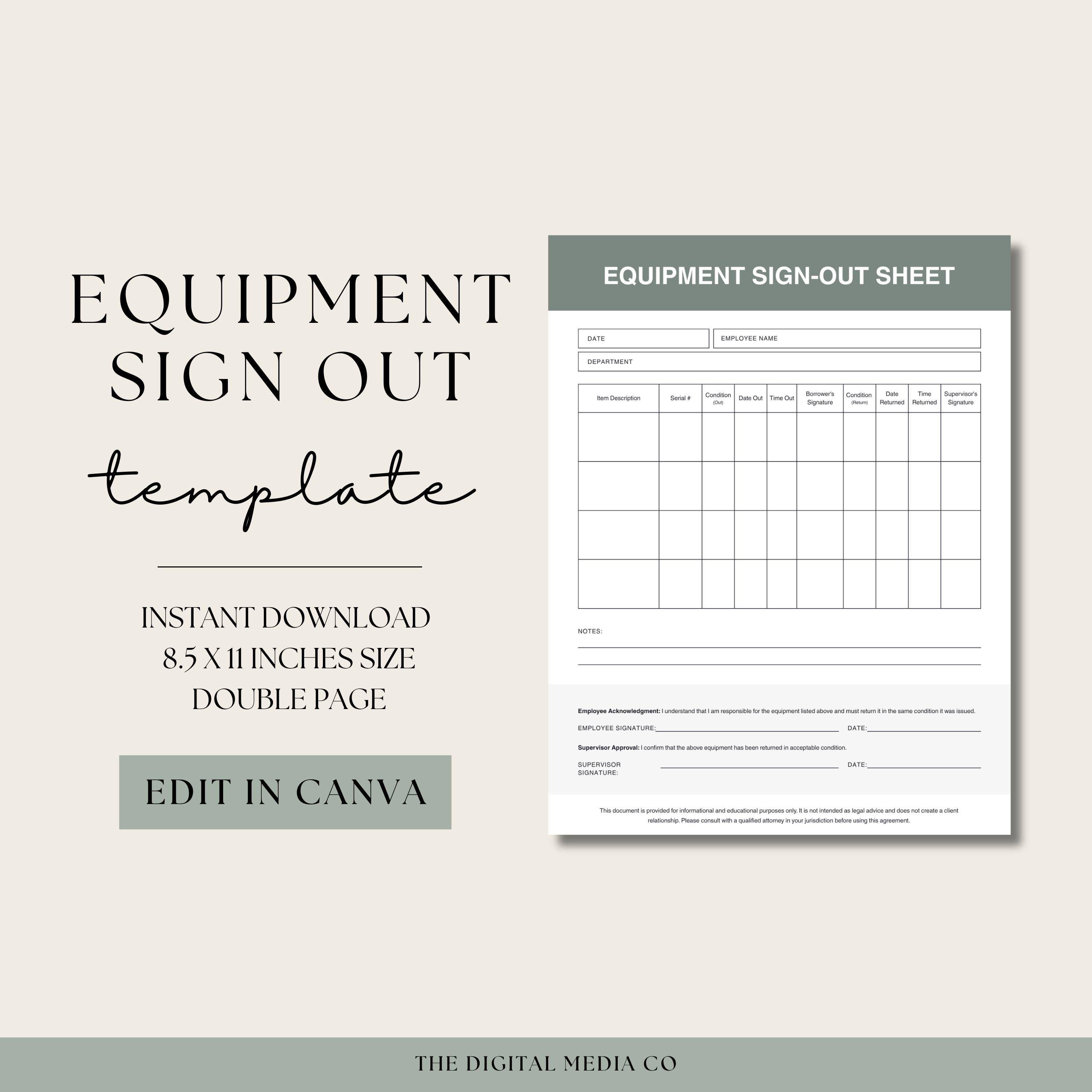 Equipment Sign Out Sheet, Editable Log Sheet for Tool Checkout ...