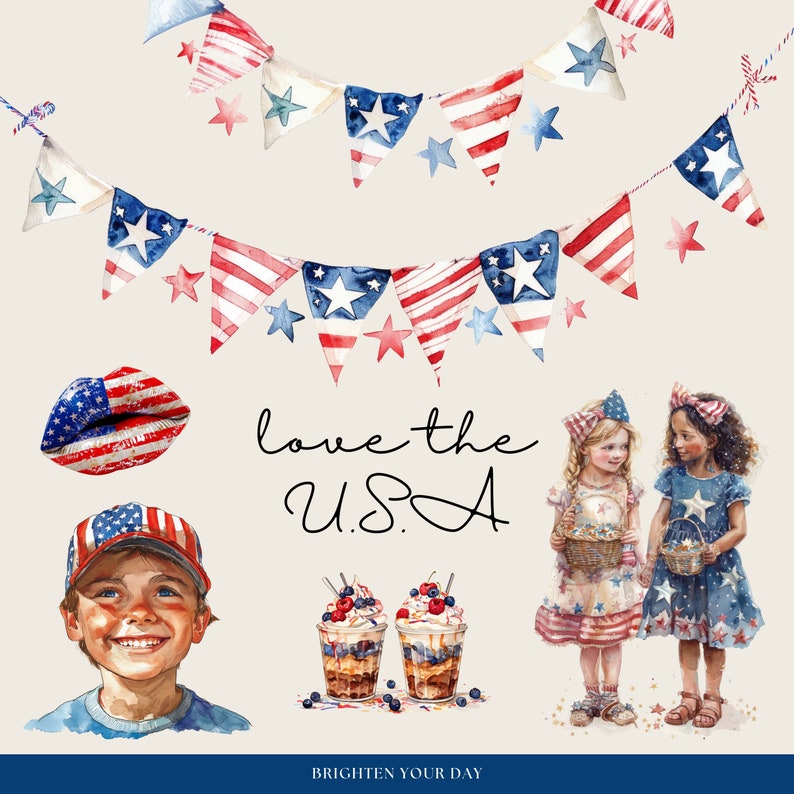Puede incluir: Una ilustraci&oacute;n de acuarela con un tema patri&oacute;tico con banderines rojo, blanco y azul, estrellas y una impresi&oacute;n de labios en forma de la bandera estadounidense. El texto "love the U.S.A" est&aacute; escrito en una fuente cursiva. Dos chicas con vestidos rojo, blanco y azul sostienen cestas de flores. Dos postres en parfait con crema batida, bayas y chocolate sobre un fondo blanco. El texto "Brighten Your Day" est&aacute; en la parte inferior de la imagen.