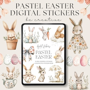 May include: A digital sticker set featuring pastel coloured Easter themed illustrations. The set includes bunnies, eggs, flowers, and other spring-themed elements. The text "Pastel Easter" and "56 Pre-Cropped Stickers + Goodnotes Sticker Book" is displayed on the image.