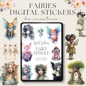 Może przedstawiać: Zestaw naklejek cyfrowych zawierający 147 wstępnie wyciętych obrazków przedstawiających wróżki, koty i inne fantazyjne stworzenia. Naklejki idealnie nadają się do dodania odrobiny magii do projektów cyfrowych.