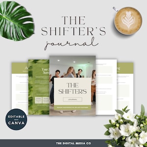 May include: A journal titled "The Shifter's Journal" with a cream-colored cover featuring a photo of people. The journal's pages are visible, along with a coffee cup and floral accents. The text "Editable with Canva" is also present.