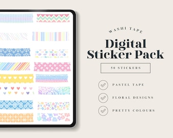 Nastro washi digitale pastello, decorazioni Goodnotes fantasiose, confezione di adesivi fantasiosi, set di adesivi colorati e vivaci