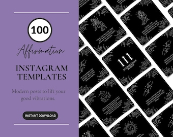 May include: A set of 100 black and white affirmation Instagram post templates with a modern design. The templates feature a variety of illustrations and text, such as "Every day I become more and more confident" and "I attract the success because I know deep down I deserve it".