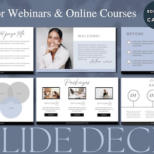 Puede incluir: Una plantilla de diapositivas para webinars y cursos en línea. La plantilla incluye diapositivas para una introducción, una bienvenida, antes y después, paquetes y un esquema. Las diapositivas están diseñadas en un estilo minimalista con un fondo azul claro y texto negro.