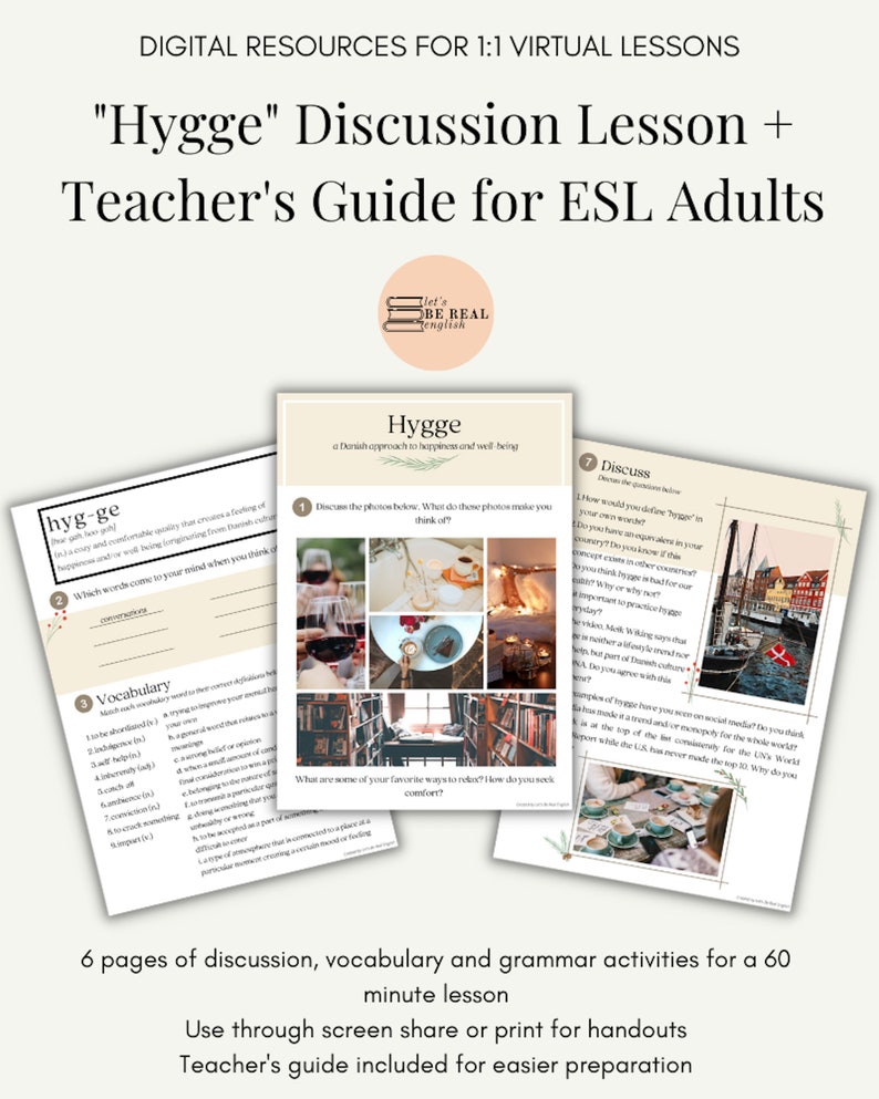 ESL Digital Lesson Plan for Adults, Hygge Discussion Lesson 60 Minutes