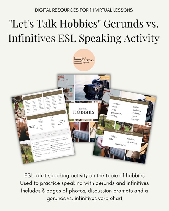 ESL Digital Activity for Adults, Let's Talk Hobbies, Discussion Activity Gerunds vs. Infinitives, ESL Speaking Lesson Plan