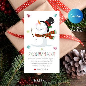 Snowman Soup Christmas Gift Tag Template, Printable Holiday Favor Tag, Editable Snowman Hot Chocolate Instructions, Instant Download