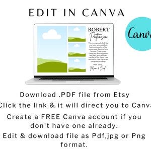 May include: A laptop screen displaying a graduation card template with a green and blue landscape design. The text on the card reads "Robert Pattinson" and includes a message from Mom and Dad. The image also includes the Canva logo and the text "Edit in Canva".