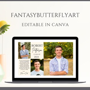 May include: A laptop screen displaying a graduation announcement for Robert Paffhausen, Class of 2024. The announcement features two photos of Robert, one in a blue shirt and one in a white shirt. The text reads "We are so proud of all that you have accomplished in your young life. You are a fine young man that you have become. Your strong character, determination, and hard work will take you far. We are so proud of you. We love you and wish you grow to continue to make us proud. Mom & Dad."