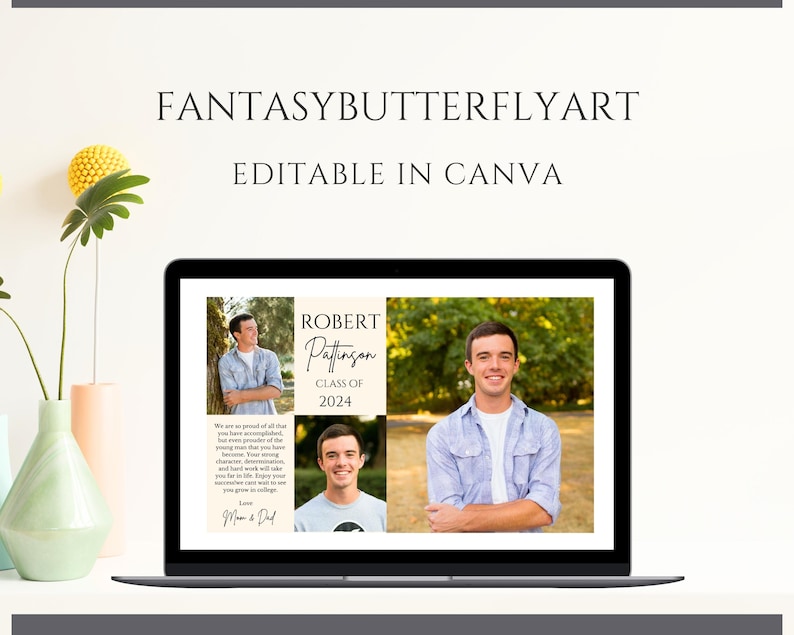 May include: A laptop screen displaying a graduation announcement for Robert Paffhausen, Class of 2024. The announcement features two photos of Robert, one in a blue shirt and one in a white shirt. The text reads "We are so proud of all that you have accomplished in your young life. You are a fine young man that you have become. Your strong character, determination, and hard work will take you far. We are so proud of you. We love you and wish you grow to continue to make us proud. Mom & Dad."