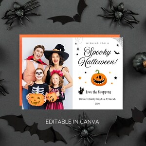 Minimalistische Halloween-Fotokartenvorlage, druckbare gruselige Weihnachtskarte, bearbeitbare Spinnenfamilien-Halloween-Grußkarte, sofortiger Download