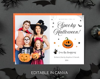 May include: A Halloween greeting card with a photo of a family dressed in costumes. The card says "Wishing you a Spooky Halloween!" and "Love the Simpsons" with the family's names and the year 2024. The card is decorated with bats, stars, and a jack-o'-lantern.