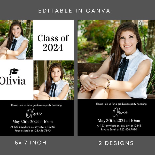 Graduation invitation printable photo invite modern template editable in canva instant download class of 2024