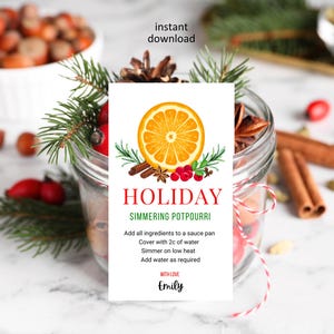May include: A printable gift tag with a red and green border and a festive orange slice illustration. The tag reads "HOLIDAY SIMMERING POTPOURRI" and includes instructions for making a simmering potpourri. The tag is signed "WITH LOVE Emily".