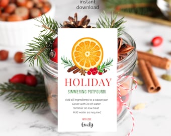 May include: A printable gift tag with a red and green border and a festive orange slice illustration. The tag reads "HOLIDAY SIMMERING POTPOURRI" and includes instructions for making a simmering potpourri. The tag is signed "WITH LOVE Emily".