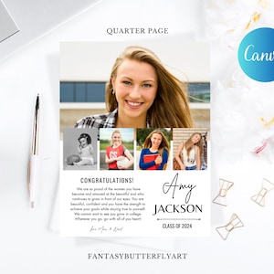 May include: A graduation announcement with a collage of photos of a young woman. The announcement is white with black text and includes the name "Amy Jackson" and the text "Class of 2024".