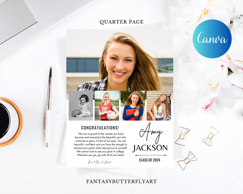 May include: A graduation announcement with a collage of photos of a young woman. The announcement is white with black text and includes the name "Amy Jackson" and the text "Class of 2024".