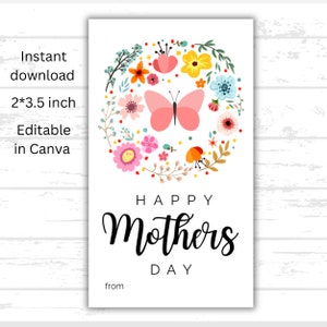 Modèle d'étiquette-cadeau minimaliste pour la fête des Mères Papillon floral imprimable Étiquette cadeau fête des Mères Étiquette cadeau toile modifiable pour maman Téléchargement immédiat