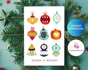 Minimalist Merry and Bright Christmas Card, colorful Happy Holiday Card Printable, Christmas Instant Download