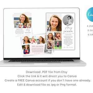 May include: A laptop screen displaying a Canva design template for a graduation announcement. The template features a collage of photos and text that says "Amy Jackson, Class of 2024". The text also includes a message from the parents to their graduate. The design is available in three sizes: 4.25 x 5.5 inches, 8.5 x 5.5 inches, and 8.5 x 11 inches.