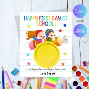 Terug naar school speeldeeg kaartsjabloon, afdrukbare won-doh-ful schooljaar Playdoh houder, bewerkbare cadeaukaartjes eerste dag, direct downloaden