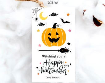 Etiqueta de regalo de Halloween imprimible, etiqueta editable para bolsa de dulces, etiqueta de recuerdo espeluznante, etiquetas de dulces para fiesta de Halloween infantil, descarga digital