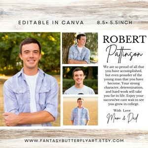 May include: A graduation announcement with a collage of photos of a young man. The announcement includes the name "Robert Pattingon" and a message from his parents. The announcement is 8.5 x 5.5 inches.