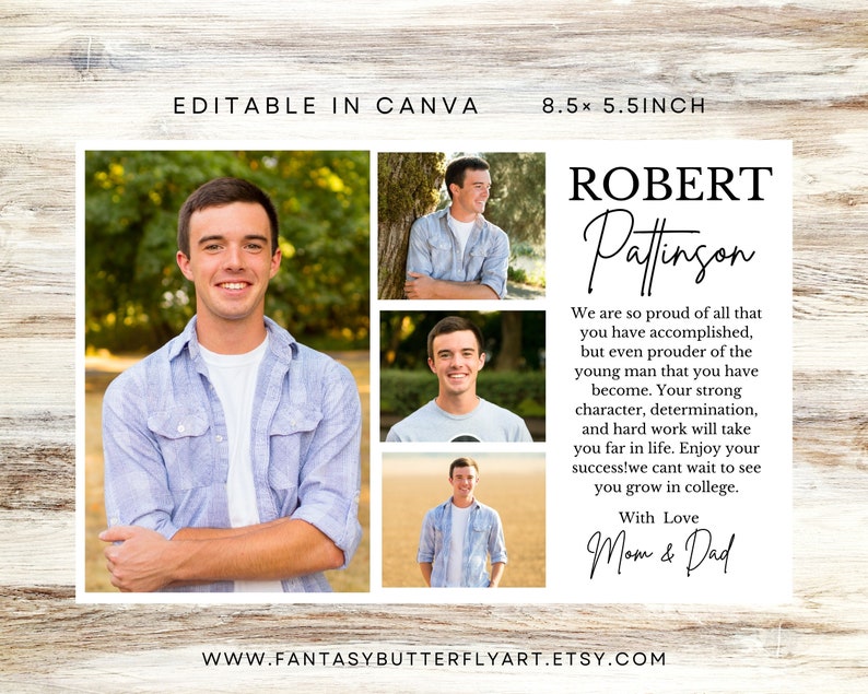 May include: A graduation announcement with a collage of photos of a young man. The announcement includes the name "Robert Pattingon" and a message from his parents. The announcement is 8.5 x 5.5 inches.