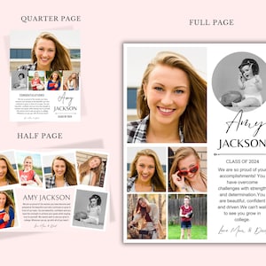 May include: A graduation announcement with a collage of photos of a young woman. The announcement includes the text "Amy Jackson, Class of 2024". The text reads "We are so proud of your accomplishments! You have overcome challenges with strength and determination. You are beautiful, confident and driven. We can't wait to see you grow in college. Love Mom & Dad."