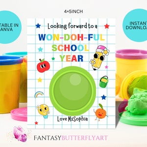 Modelo de cartão de massinha de modelar para a volta às aulas, suporte de massinha de modelar para o ano letivo Won-doh-ful para imprimir, etiquetas de presente editáveis para o primeiro dia, download instantâneo