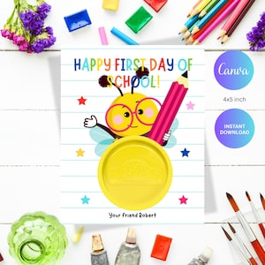 Terug naar school speeldeeg kaartsjabloon, afdrukbare won-doh-ful schooljaar Playdoh houder, bewerkbare cadeaukaartjes eerste dag, direct downloaden
