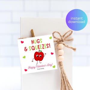 May include: A white gift box with a tag that reads "Hugs & Squeezes!" with a cartoon apple illustration. The tag also says "Happy Valentine's Day!" and "From Emily". The box is decorated with a twine bow and wooden beads.