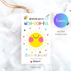 Zomerspeeldeeg kaartsjabloon, afdrukbare Have A Won-doh-ful Summer Playdoh-houder, bewerkbare eindejaarsschooltags, direct downloaden