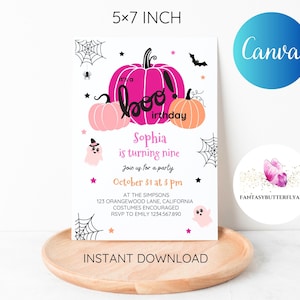 Little Boo Halloween Birthday Invitation: Pink Pumpkin Party (Instant Download)