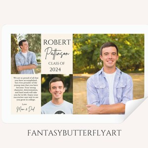 May include: A graduation announcement with a collage of photos of a young man. The announcement includes the name Robert Pattinson, Class of 2024, and a message from his parents.